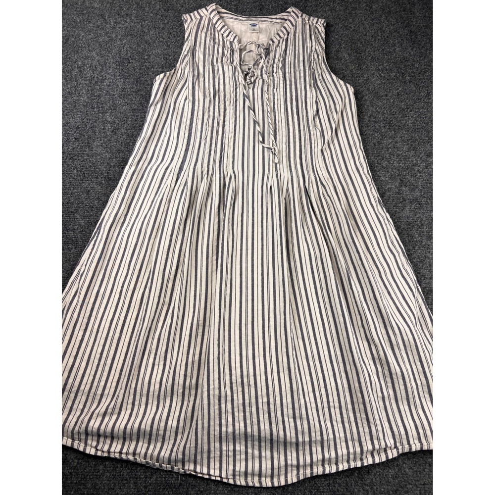 Boho Peasant Old Navy Women XS Blue White Striped Sleeveless Lace Up Swing Dress
